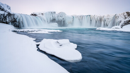 Goðafoss waterfall in winter. North Iceland.