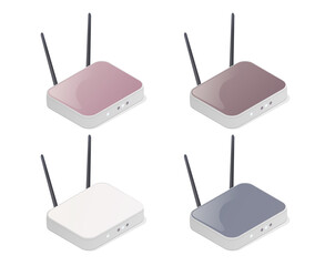 Isometric routers. Modem device. Wireless internet. Vector illustration. Isolated on white background.