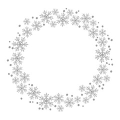 Obraz premium Snowflakes round frame. Winter composition. Merry Christmas and Happy New Year Border. For wedding invitation and birthday card. For text, photo, save date, logo, monogram.
