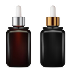 Dropper bottle. Cosmetic serum treatment vial mockup. Brown and black packaging for aging collagen. Golden and silver eyedropper aroma oil flask. Medical treatment blank