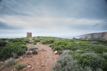 Fototapeta na wymiar Sardinia, coastal tower of Cala Domestica in Buggerru