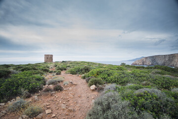 Fototapeta premium Sardinia, coastal tower of Cala Domestica in Buggerru