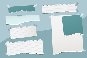 Set of torn, white, turquoise note, notebook paper strips and pieces stuck on colorful backgrounds. Vector illustration