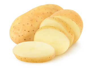 Isolated washed potatoes. One whole raw potato and one cut in pieces isolated on white background