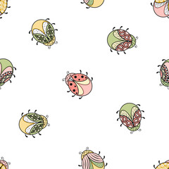 Seamless vector pattern with cute hand drawn bugs isolated on white background. Colorful graphic texture for kids clothing, nursery art, package, wrapping paper, banner, print, card, fabric, textile.