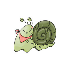 Cute hand drawn vector snail with bandana isolated on white background. Colorful whimsical character for card, print, poster, fabric, wallpaper, banner, textile, nursery art, children's clothing.