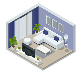 Isometric large luxury modern bright interiors room. Modern living room interior of real home isolated on white