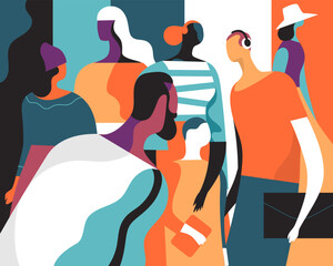 Gruppo di giovani uomini e donne alla moda. Società moderna, diversità sociale