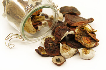 Dried mushrooms (boletus edulis) isolated on a white background. 