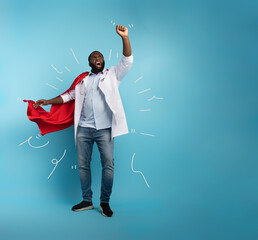 Medic acts like a superhero to fight pandemic of covid19 coronaviruses. Blue background