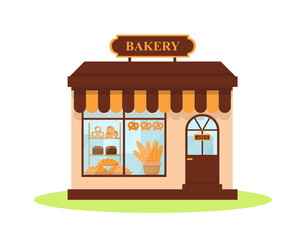 Bakery building exterior with showcase and entrance