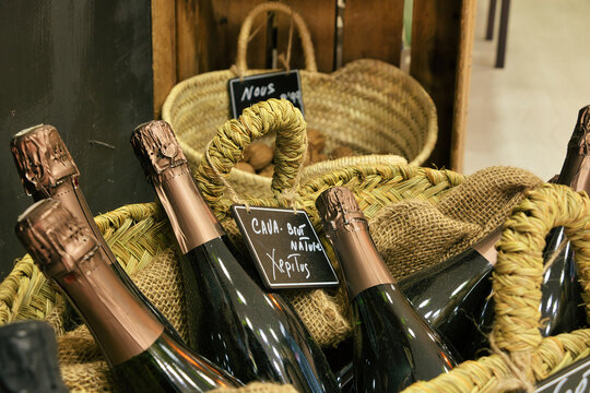 Typical Bottles Of Cava Wine From Catalonia, Spain