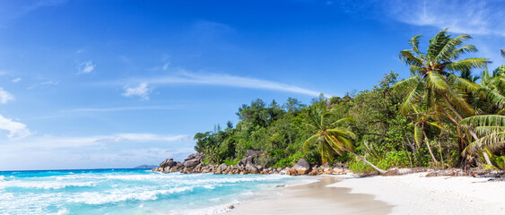 Naklejka na ściany i meble Seychelles Anse Georgette beach Praslin island palm panoramic view vacation sea