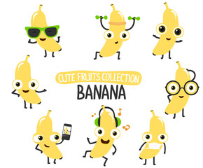 Cute banana cartoon characters set.To see the other vector fruit cartoon illustrations , please check cute fruits collection.