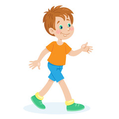 Funny little boy going. In cartoon style. Isolated on white background. Vector flat illustration.