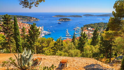 Coastal summer landscape - top view of the City Harbour of the town of Hvar and the Paklinski...