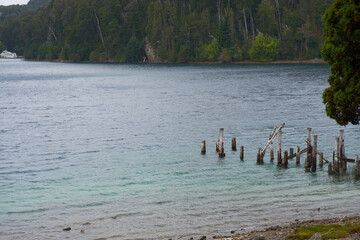 TRONCOS EN RUINAS DE VIEJO MUELLE A LA ORILLA DEL LAGO, ISLA VICTORIA, LAGO NAHUEL HUAPI, CIUDAD DE BARILOCHE, PROVINCIA DE RIO NEGRO, ARGENTINA, PAISAJES DE LA PATAGONIA