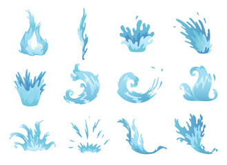 Fototapeta na wymiar Water splash. Blue water waves set, wavy liquid symbols of nature in motion. Isolated vector design elements