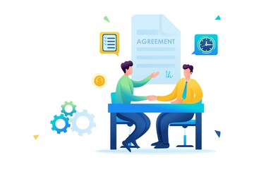 Merger of companies, businessmen sign an agreement. Flat 2D. vector illustration Web design