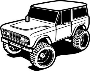 A car with large wheels for travel in the mountains and forests. Isolated on white background. Illustration in ink hand drawn style. © Sergey