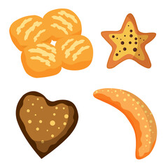 Bread bakery assortiment. Set of baking pastry products for bakery menu, recipe book. Cartoon cute characters of baguette, croissant, cookies, buns