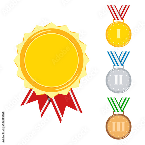 Medals Set Isolated On White Background Golden Silver Bronze Medal With Red Stripped Blue Green Ribbon Icon Sign First Second Third Place And Gold Certificate Flat Cartoon Vector Illustration Wall Mural Irina