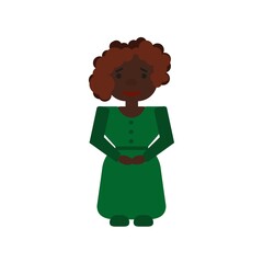 A dark-skinned woman with curly hair in a green dress with a belt smiles