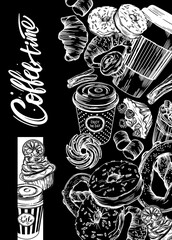 Bitmap illustration. Black and white line graphics. Coffee theme. Cover for the menu. Banner or postcard. Pastries, hot coffee. Background and design kit.