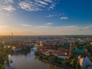 Aerial panoramic view of Wroclaw old town and Cathedral on the shore of Odra