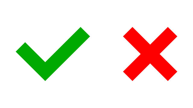 Yes and No or Right and Wrong or Approved and Declined Icons with Green Check Mark and Red X Cross Sign. Vector Image.