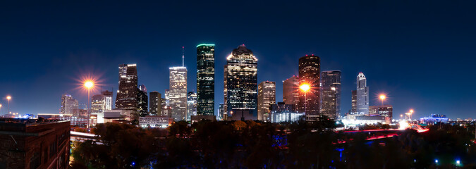 Downtown Houston skyline panorama at night.