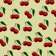 Wallpaper with bright seamless pattern of cherry. Watercolor berries for textile design, decor, postcards, invitations.