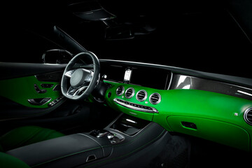 Luxury car Interior - steering wheel, shift lever and dashboard. Clipping path for windows included