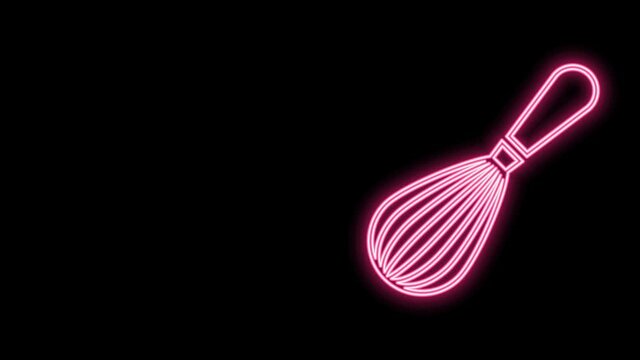 Glowing neon line Kitchen whisk icon isolated on black background. Cooking utensil, egg beater. Cutlery sign. Food mix symbol. 4K Video motion graphic animation