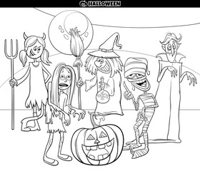 Halloween holiday cartoon funny characters coloring book page