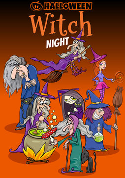 Halloween holiday cartoon poster or invitation design with witches