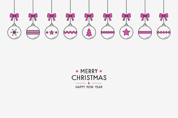 Concept of Christmas card with balls and greetings. Xmas decoration. Vector