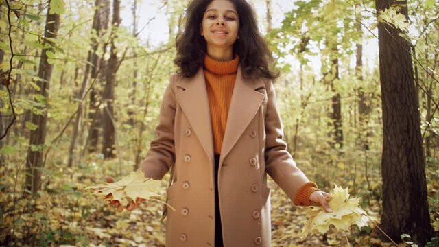 Autumn Outdoor Portrait Of Beautiful African American Young Woman - Black People, happy student female in city park, tourist, safe travel