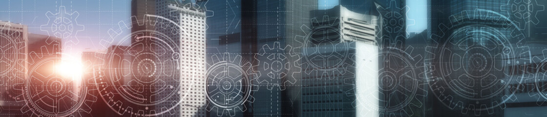 Cogs and gear wheel mechanisms. Hi-tech. Abstract Business and Technology background. Modern night city.