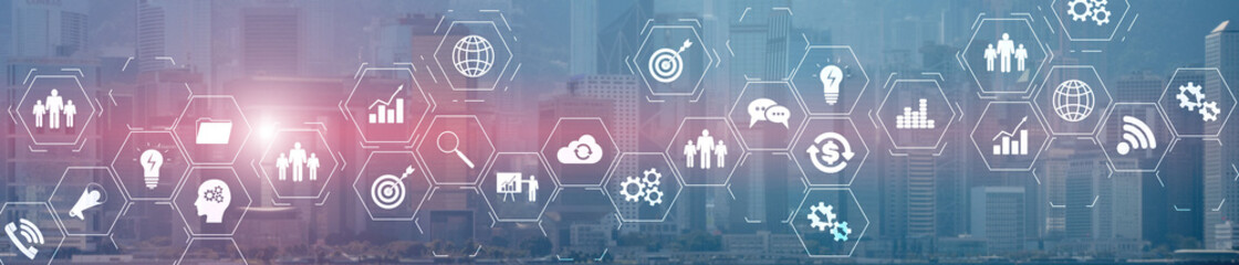 ERP Enterprise Resource Planning system on virtual screen with connections between business intelligence.