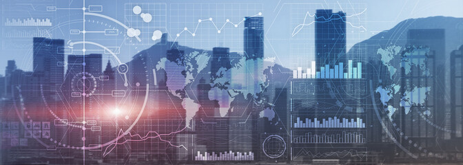 Business intelligence control interface marketing finance management city skyline view website...