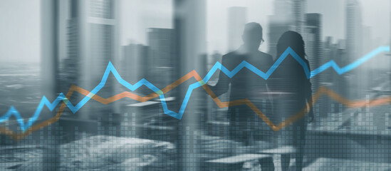 Red and blue financial charts on background doble exposure mixed media.