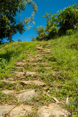 A trekking trail in the mountains, lined with natural stones of various sizes, going among the green bushes