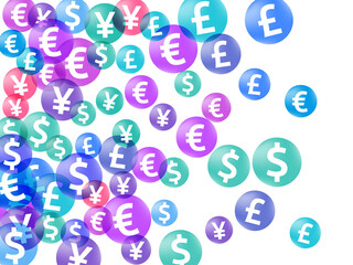 Euro dollar pound yen circle symbols scatter currency vector illustration. Financial concept. 