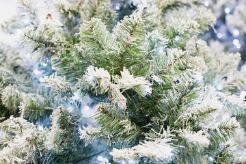 artificial green fir tree under snow with garland close-up as christmas background.