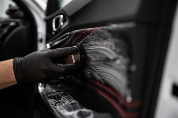 Car detailing studio worker cleaning leather car interior upholster - obrazy, fototapety, plakaty