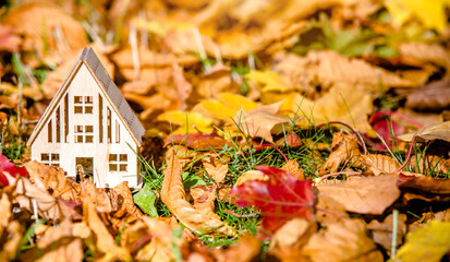 The symbol of the house stands among the fallen autumn leaves
