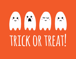 Vector hand drawn doodle sketch white ghost and trick or treat lettering isolated on orange background