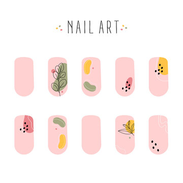 Set of colored painted abstract art nail stickers. Trendy manicure art. Nude nail polish. Vector illustration isolated on white background.