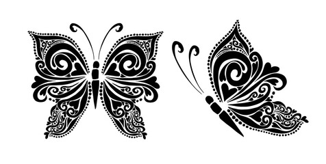 Butterfly decorative tattoo. Black Butterfly from patterns. Vector illustration